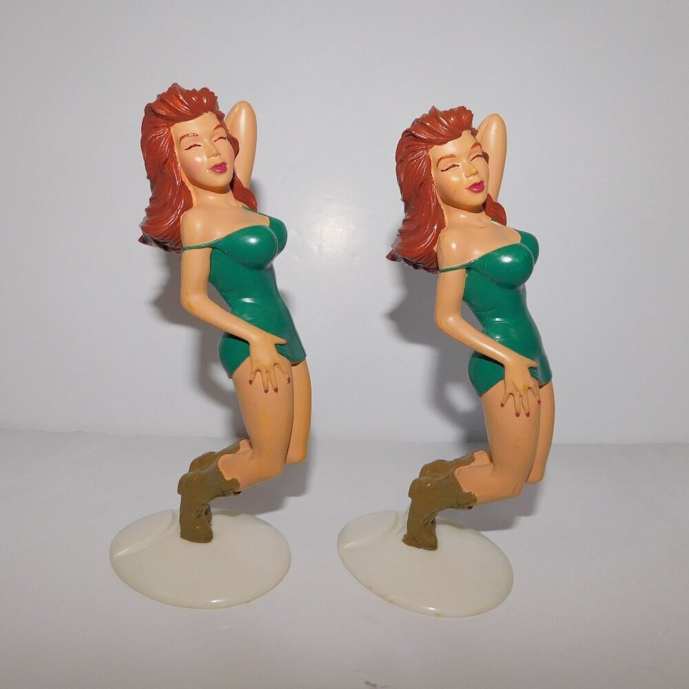 Set 2 R. Demars Bottoms Up Beer Can Holder Pinup Red Hair Green Dress VTG Ganz